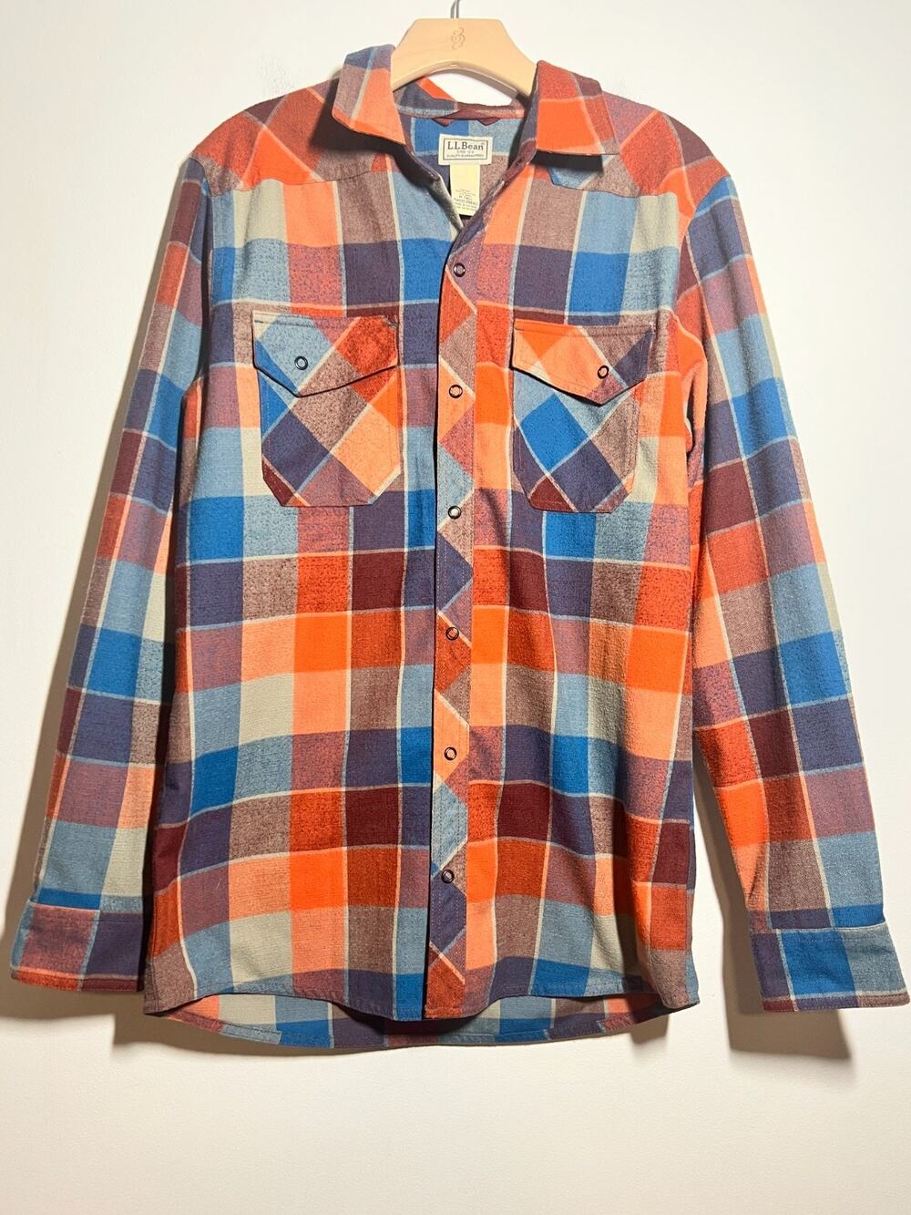 LL Bean Men's EUC Orange/Blue Plaid Katahdin Performance Flannel Shirt M TALL